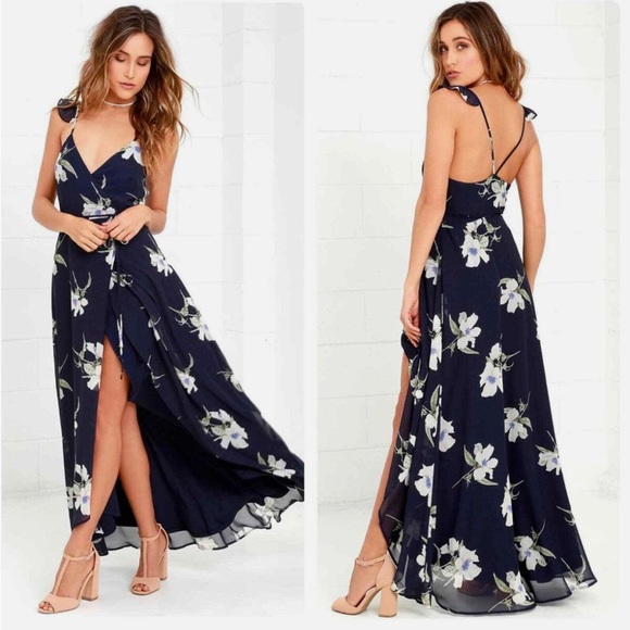 Lulus Navy Blue Foral Wrap Dress - Picture 1 of 4